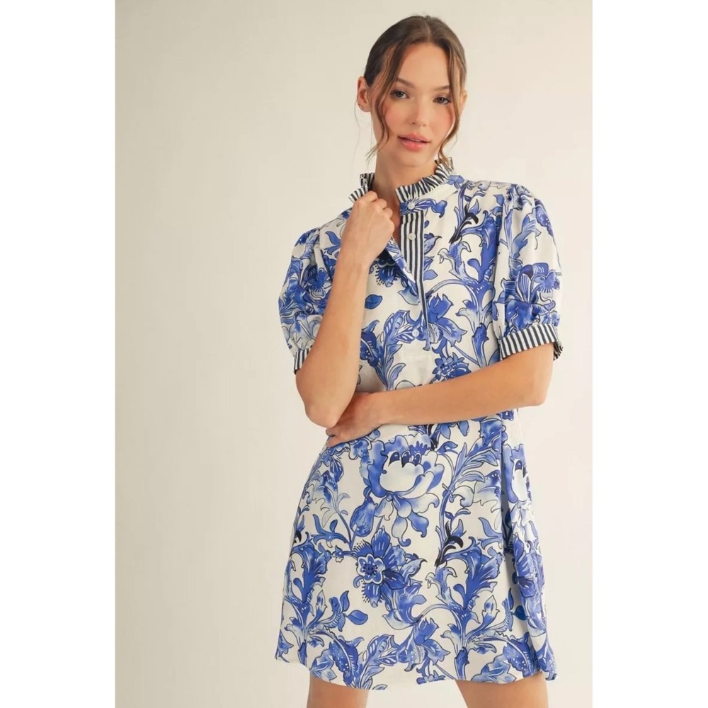 Jodifl Womens Blue White Floral Shift Dress Striped Ruffle Trim Size Large